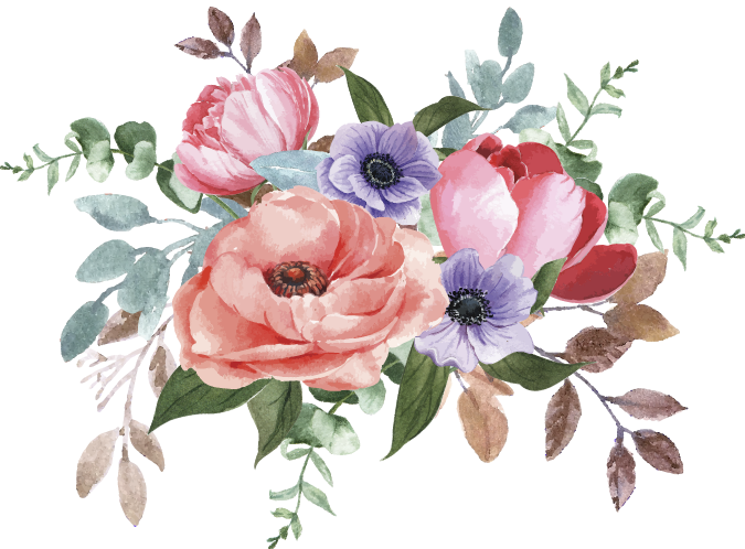 Watercolor painting of an arrangement of flowers.